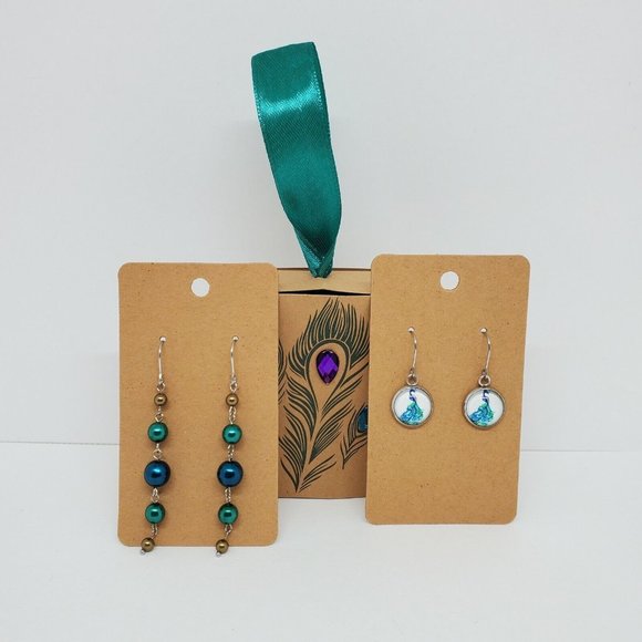 Lot of 2 KL Sparkles Jewelry Dangle Earrings "Elegant Peacock" Pearl Blue Teal - Picture 1 of 7